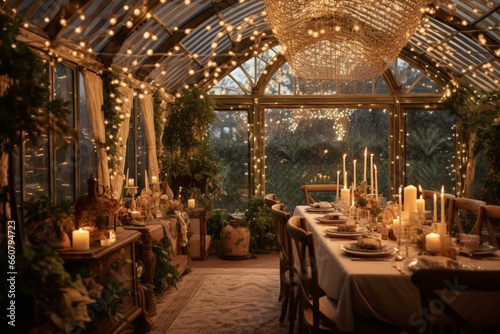 Fotografija Decorative vintage conservatory adorned with twinkling lights, exuding a luxurious and festive ambiance