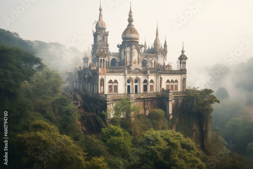 A scenic view of a historical religious structure amidst nature. Generative AI