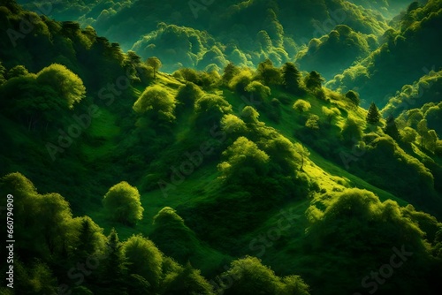 green mountains with green trees from top view