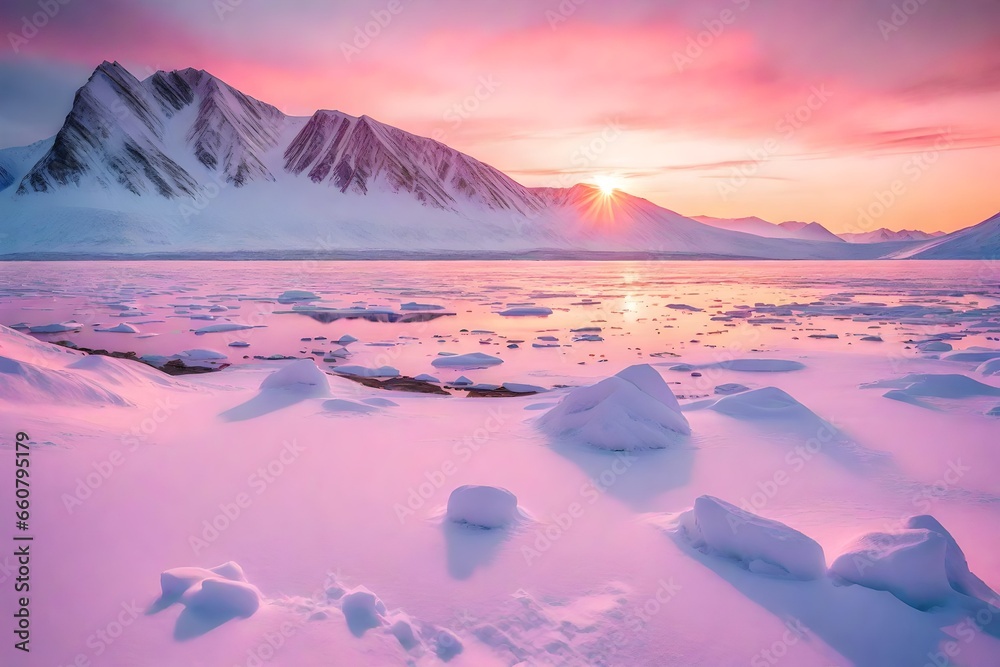 Norway landscape nature of the winter mountains of Spitsbergen Longyearbyen city Svalbard arctic polar night sunset pink sunrise sky - obrazy, fototapety, plakaty 