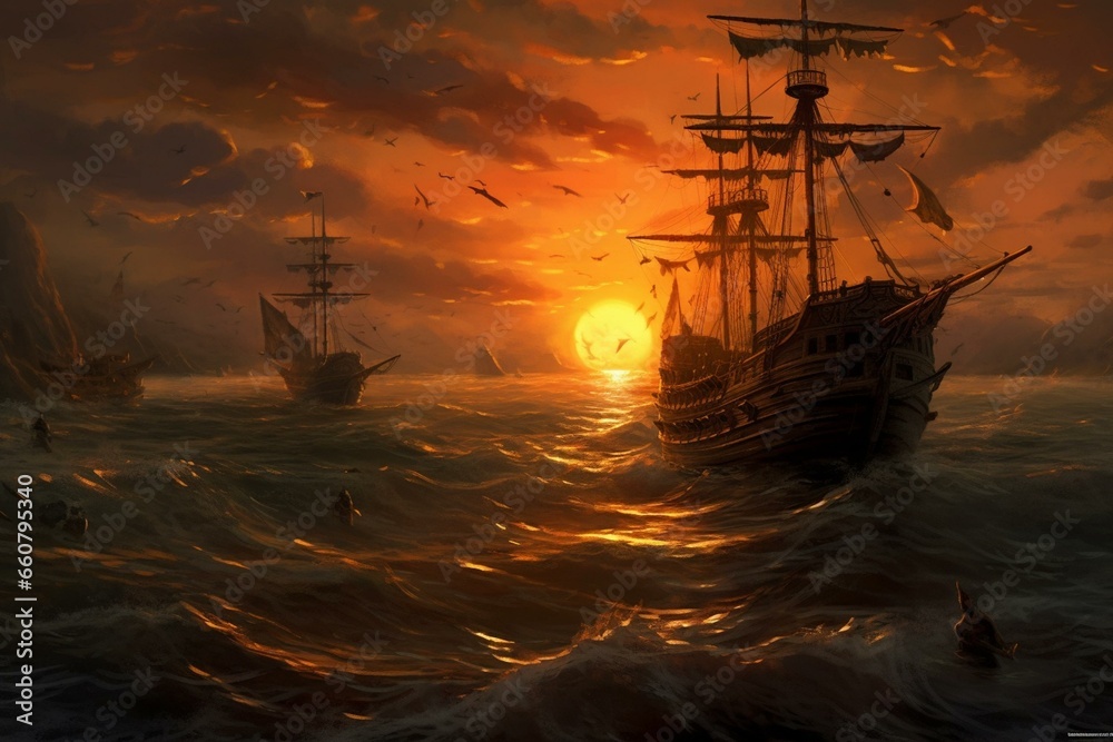 Naklejka premium Sunset seascape with decaying ships after battle: fantasy pirate landscape. Generative AI