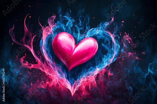 Burning bright pink heart in blue fire on a dark background