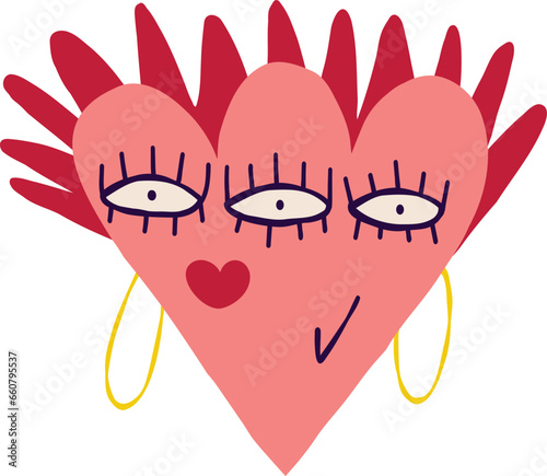 A quirky little heart character with a funny hairstyle and bright makeup. Illustration in a fashionable flat style for Halloween