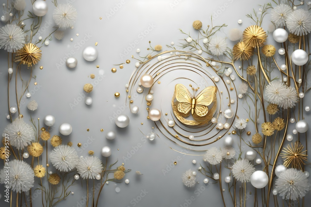 3d golden flowers and white circles in 3d background . mural art for home decor Mural wallpaper white birds . Suitable for use as a frame on walls . wallpaper flowers for canvas