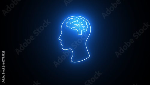 human brain with neon effect on black background. Neon brain icon. See my portfolio for more color or design images.