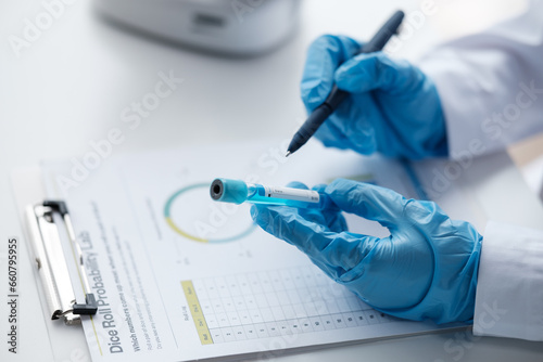 Scientist analyze biochemical sample in advanced scientific laboratory. Medical professional check chemical mix microbiological developmental of viral. Biotechnology research in science lab. cosmetic