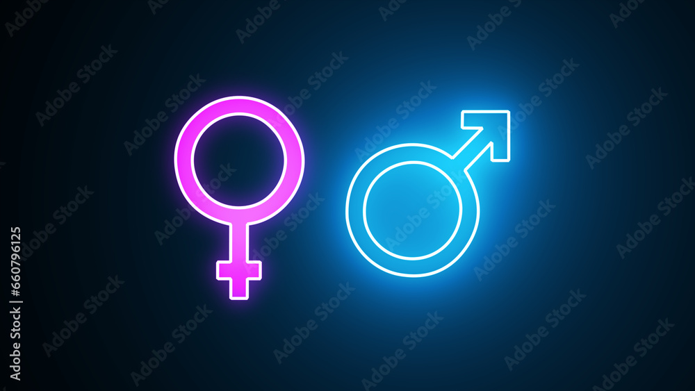 Neon gender icon. Male, female sign of gender equality icon. Glowing neon Gender icon isolated on black background. Symbols of men and women. Neon gender icon. Male, female sign of gender equality icon. Glowing neon Gender icon isolated on black background. Symbols of men and women.