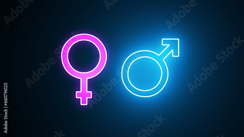 Neon gender icon. Male, female sign of gender equality icon. Glowing neon Gender icon isolated on black background. Symbols of men and women.