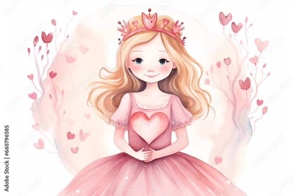 Cute little princess with heart. Watercolor illustration on white background Cute little princess with heart. Watercolor illustration on white background