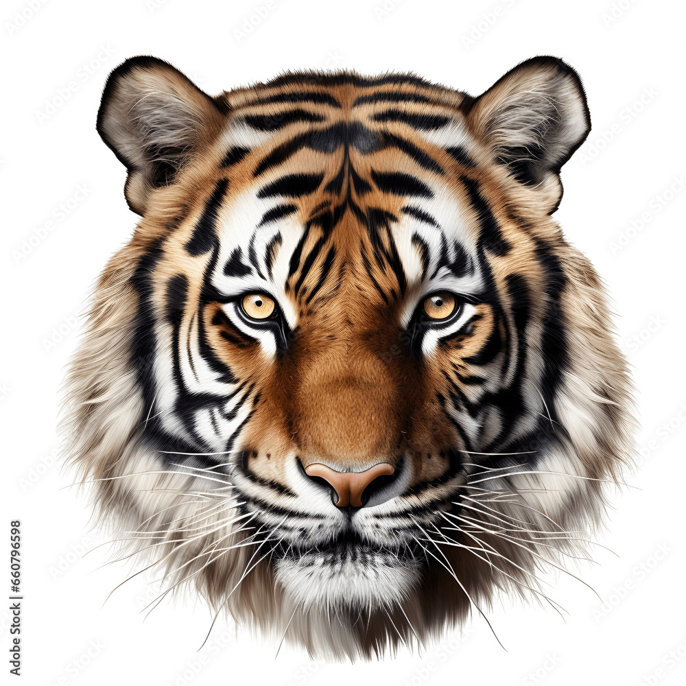 Close-up of a tiger head face shot on transparent background, wildlife animal