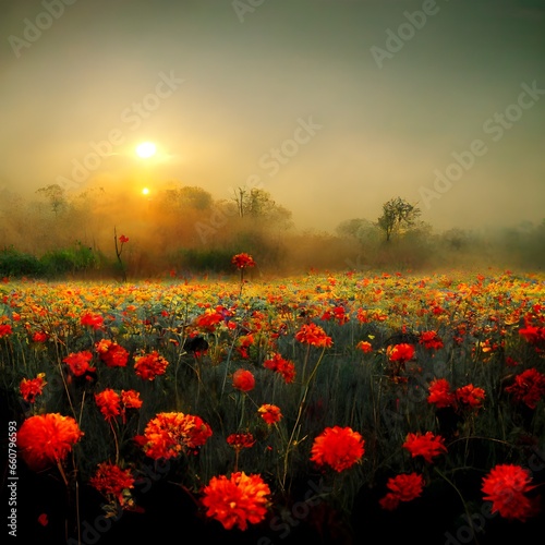 sun rising up flowers field abstract creative detailed 