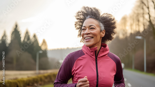Beautiful black senior lady jogging with enthusiasm and energy