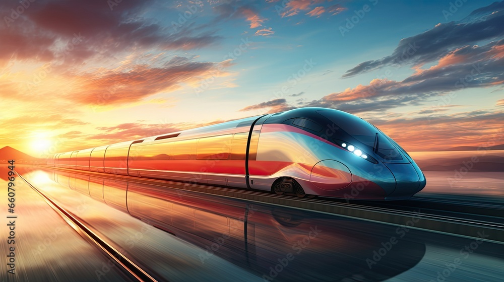 Obraz premium Illustration, colored high speed train at sunset.
