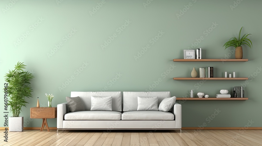 Living room interior with contemporary decoration, green colored wall. - obrazy, fototapety, plakaty 