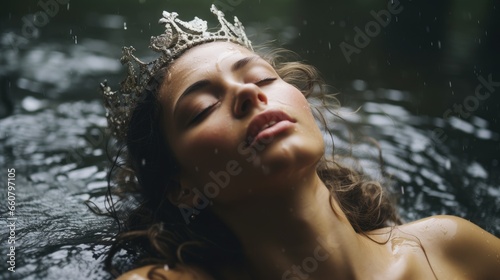 Portrait of a young princess with crown, eyes closed resting head on water.