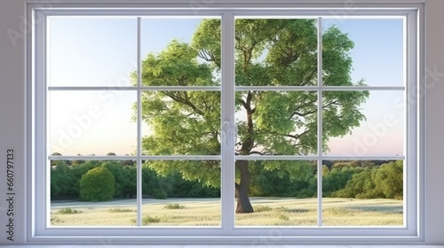 Closed window  views to a beautiful landscape with trees .