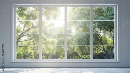 Closed window  views to a beautiful landscape with trees .