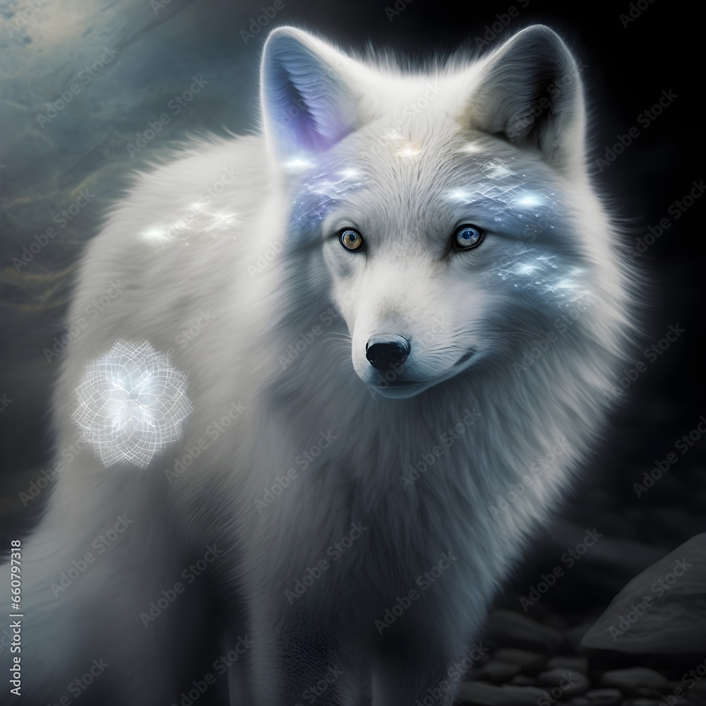 A ghostly arctic fox surrounded by spiritual energy wisdom and intelligence in his eyes and silvery fur Symbol of adaptability intelligence and connection with nature Conveys peace and unity with 