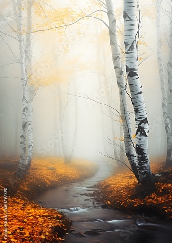 trees foggy forest stream running birch golden elements white limbo color yellow forbidding blissful journey shaded