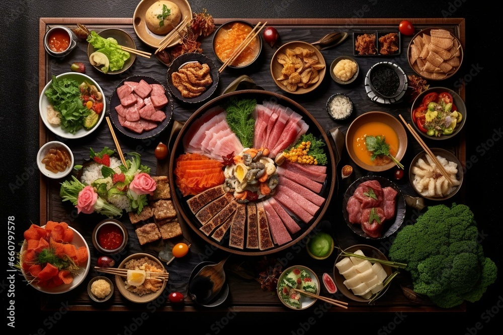 Traditional Japanese cuisine showcasing a variety of flavorful dishes. Generative AI