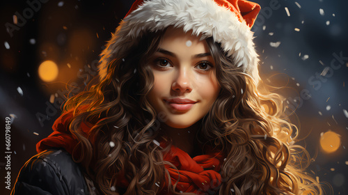 Young beautiful woman in festive santa claus hat for new year and christmas