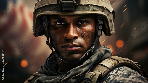 A man American soldier military marine stands against the background of the American flag as a symbol of independence. Face close-up