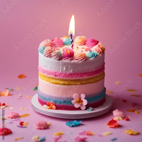 Birthday cake with one candle on a pink background  with flower decoration 