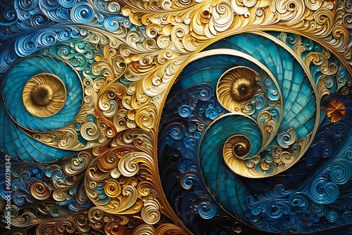 closeup spiral design gold blue breathtaking wave nautilus unique sequences folded geometry ocean sprites photo