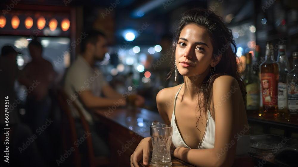 Lonely young woman sitting alone in bar with glass of beer in pub and restaurant with low light place, sad and depression alcoholism concept