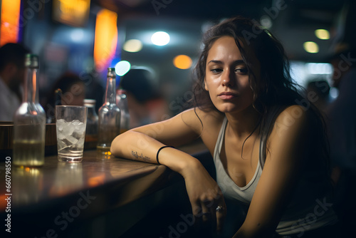 Lonely young woman sitting alone in bar with glass of beer in pub and restaurant with low light place  sad and depression alcoholism concept