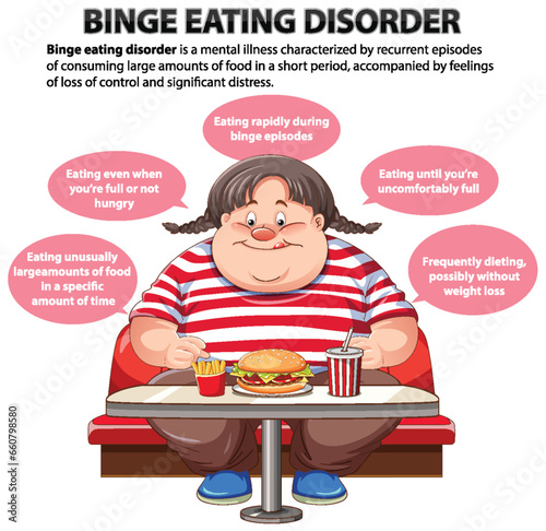 Unhealthy Fat Female Cartoon with Binge Eating Disorder