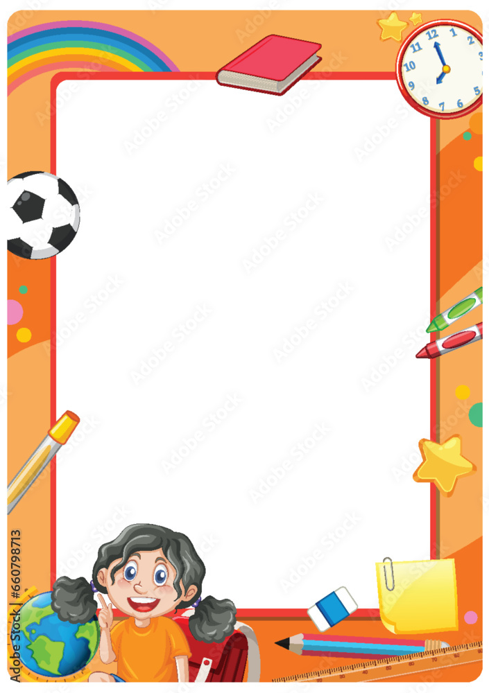 Fototapeta premium Cute Cartoon Student with Learning Tools Border Frame