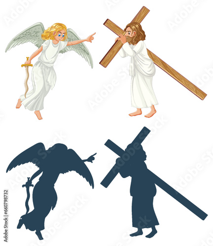 Jesus Carrying Cross with Angel and Sword