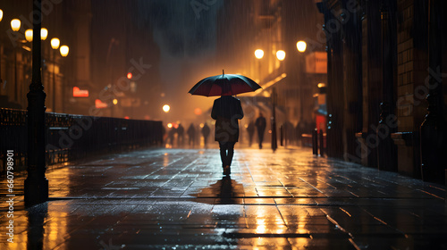 Back view of person carrying umbrella walking down a street in the city during rain