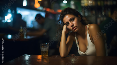 Lonely young woman sitting alone in bar with glass of beer in pub and restaurant with low light place, sad and depression alcoholism concept photo