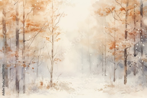 snowy forest path middle wake unseen object environment red toned snowflakes fall warm color dressed white