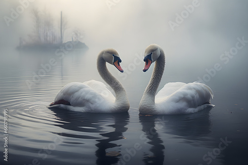 two swans on the misty lake