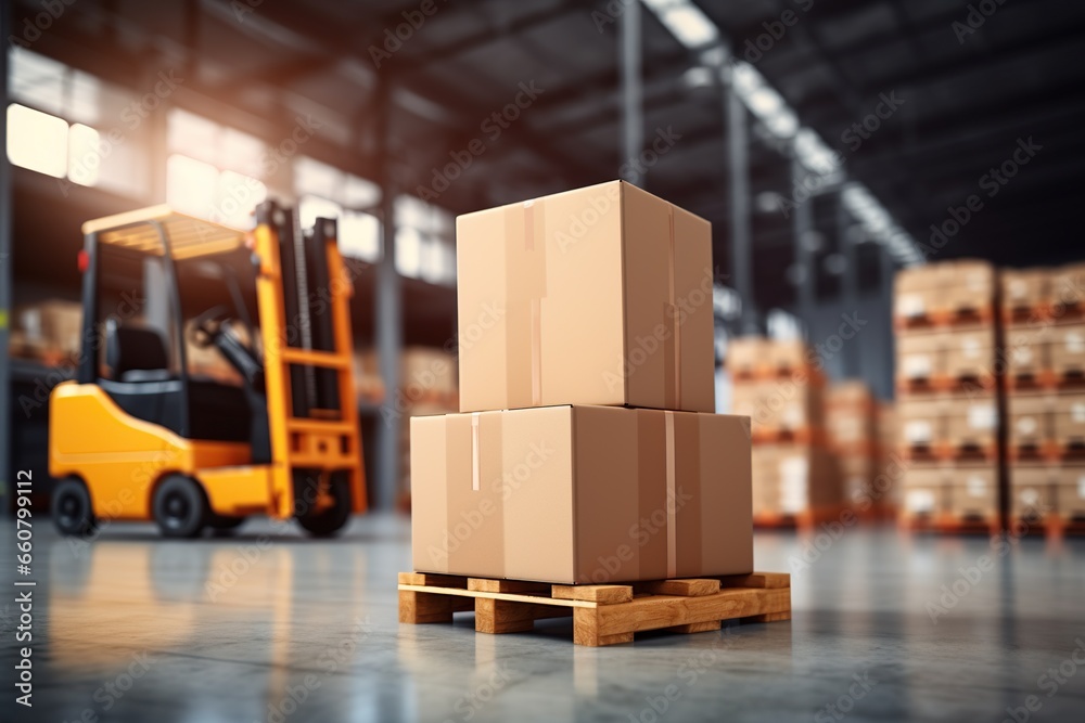 Boxes on pallet with forklift in warehouse. Logistics and transportation concept Boxes on pallet with forklift in warehouse. Logistics and transportation concept