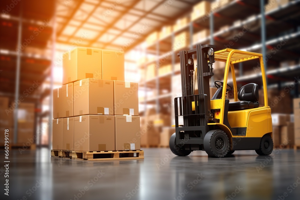 Forklift truck with boxes in warehouse. Logistics and transportation concept