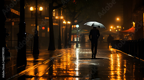 Back view of person carrying umbrella walking down a street in the city during rain