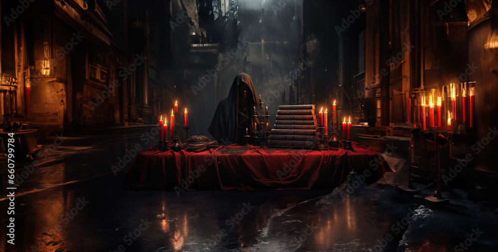 burning candles in a temple, Dark banner with books and candles Silhouette