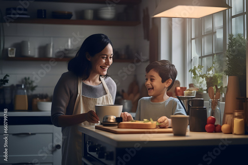 Happy mother and son cooking together making family breakfast in kitchen at home