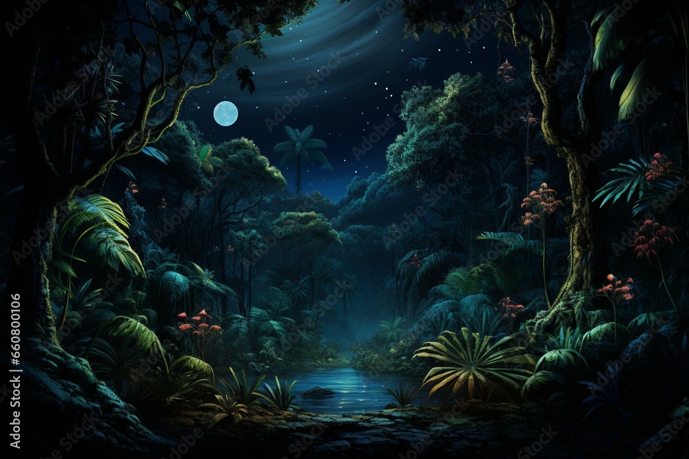 Nighttime jungle background. Generative AI