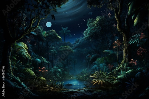 Nighttime jungle background. Generative AI © Hezekiah