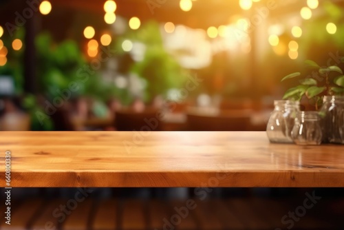 The empty wooden table top with blur background of indoor vintage cafe. Exuberant image. generative AI