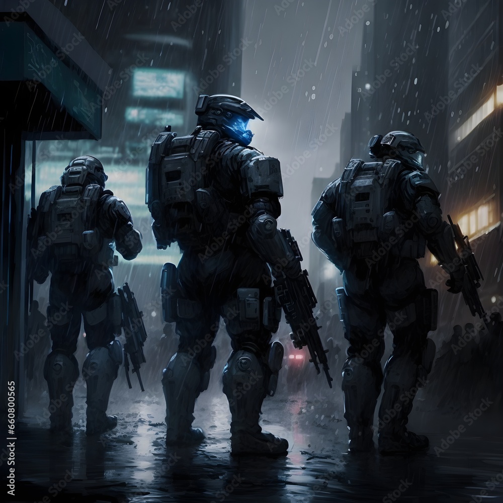 ODST squad tactical advance city street night rain gloomy light  - obrazy, fototapety, plakaty 