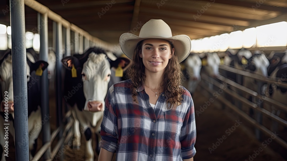 Beautiful young woman wearing a cowboy hat and plaid shirt with a tablet PC smiles at the camera. Standing next to a cow in a cow farm