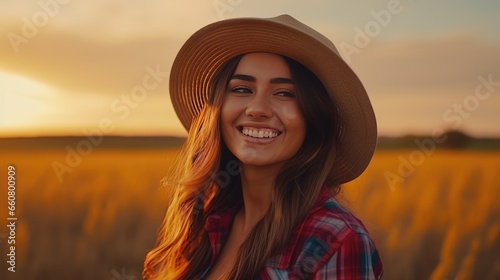 Beautiful girl wearing a cowboy hat Wearing a plaid jeans shirt, smiling, looking at the camera in a field of yellow wheat at sunset.