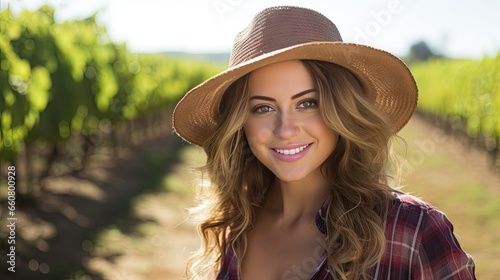 Beautiful young woman wearing a vineyard cowboy hat © somchai20162516