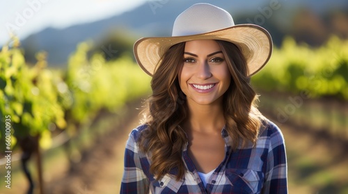 Beautiful young woman wearing a vineyard cowboy hat © somchai20162516